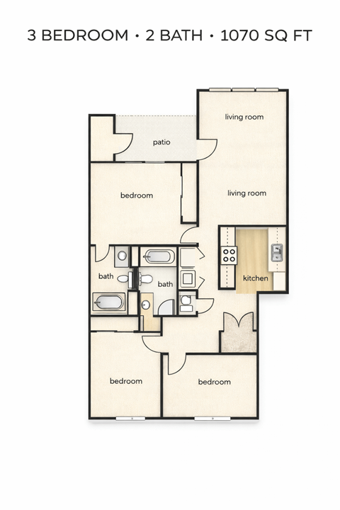 Floor plan for 3 beds, 2 baths, 1070 sqft